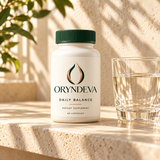 Daily Balance bottle beside a glass of water